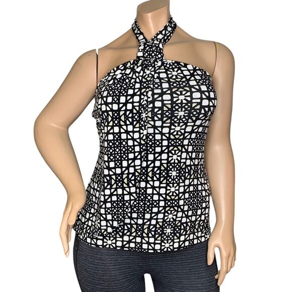 WHBM Halter Top Geometric Print Black and White Ruffle on Front Size S - Picture 1 of 8